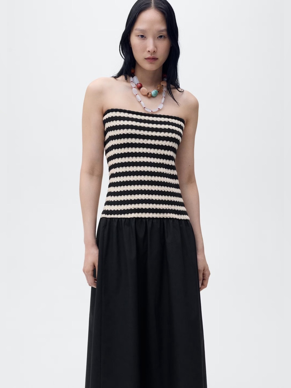 Mango Black combined striped strapless dress NWT
